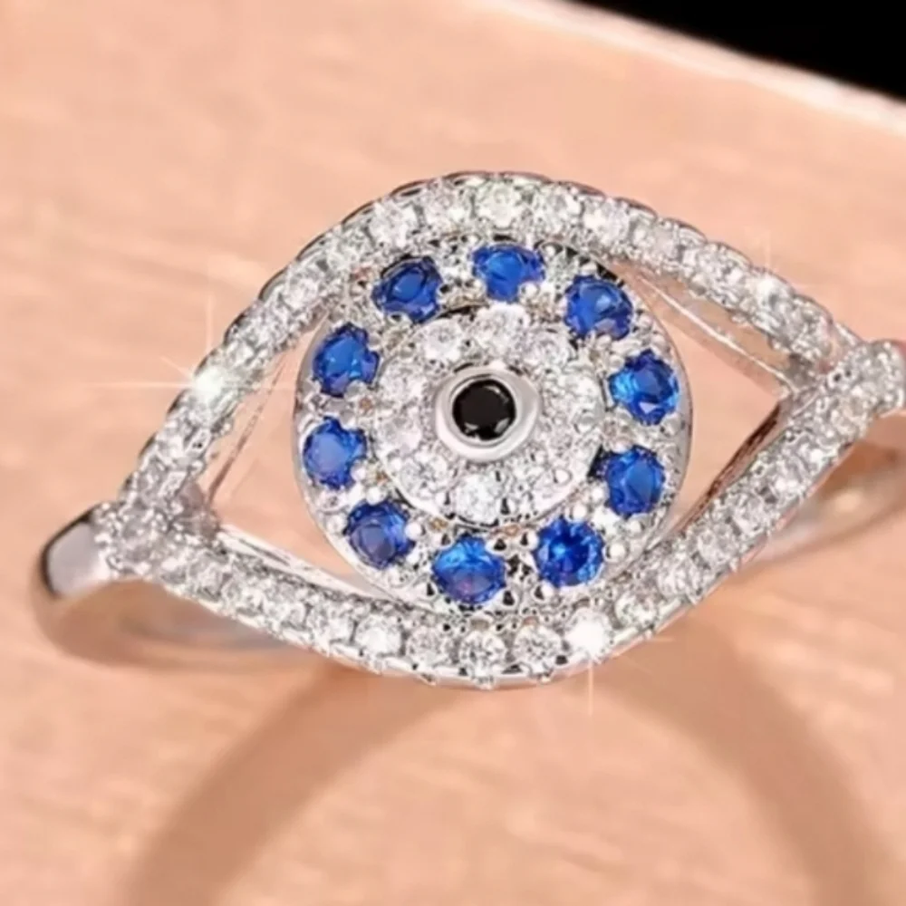Elegant Silvery and Blue Evil Eye Ring Sz 9